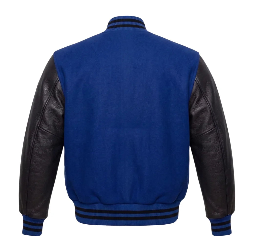Royal Blue and Black Varsity Jacket with Wool Body and Leather Sleeves Back View