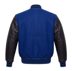 Royal Blue and Black Varsity Jacket with Wool Body and Leather Sleeves Back View