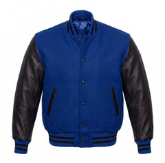 Royal Blue and Black Varsity Jacket with Wool Body and Leather Sleeves