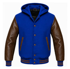 Royal Blue and Brown Hooded Varsity Jacket