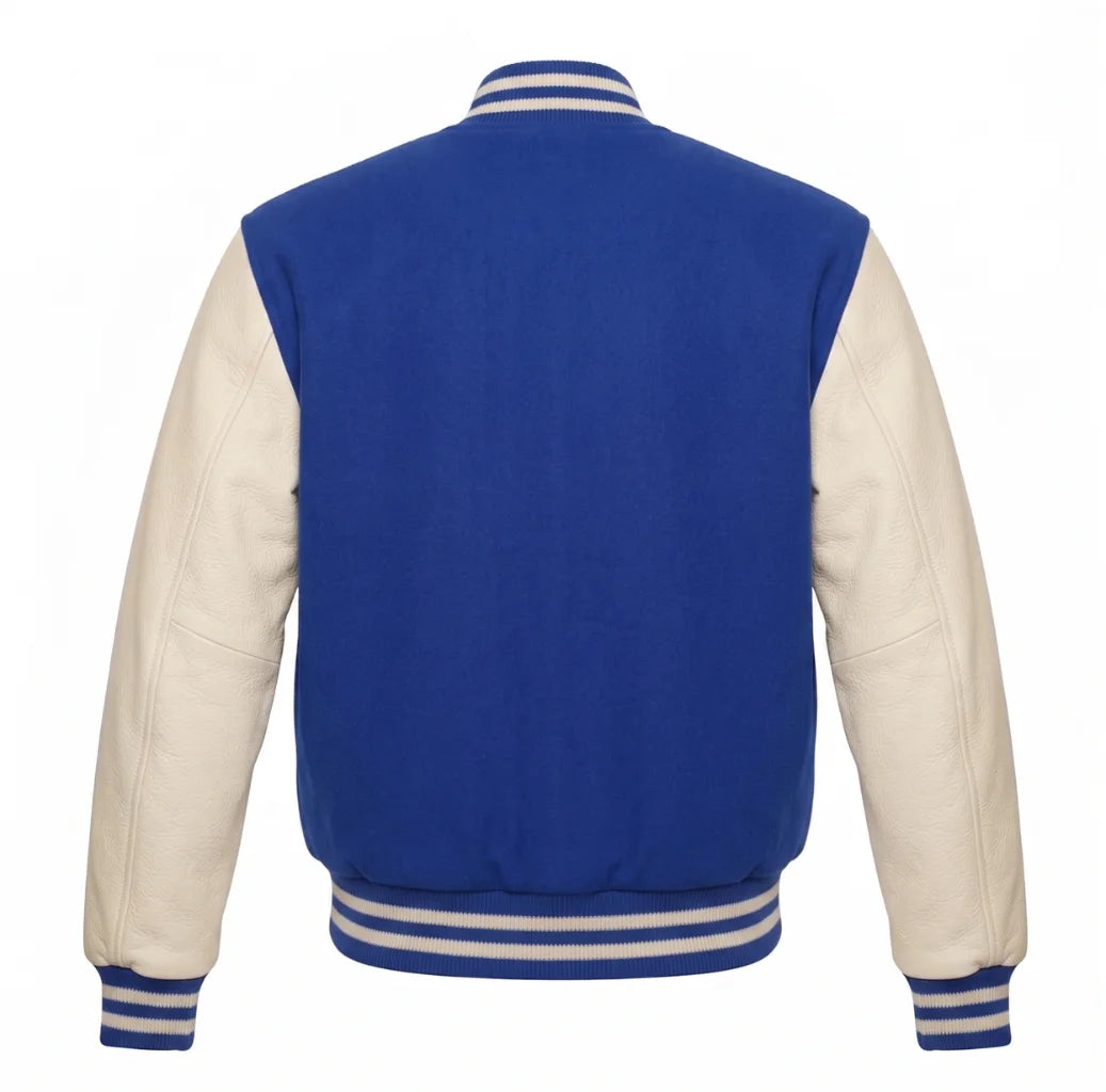 Royal Blue and Cream Varsity Jacket with Wool Body and Leather Sleeves Back View