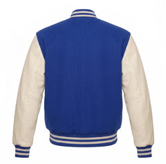 Royal Blue and Cream Varsity Jacket with Wool Body and Leather Sleeves Back View