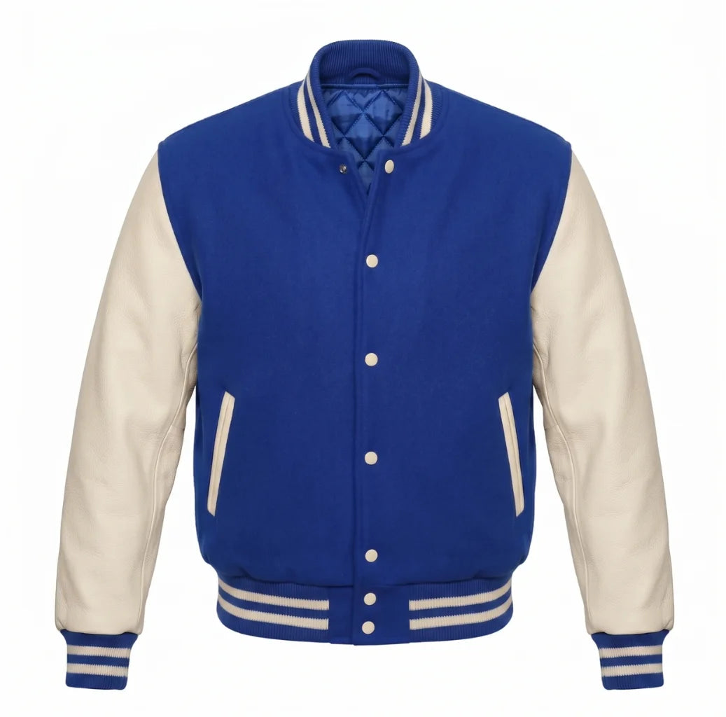 Royal Blue and Cream Varsity Jacket with Wool Body and Leather Sleeves