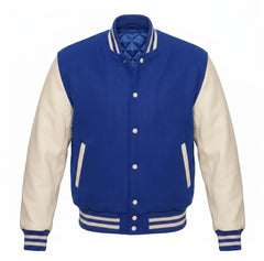 Royal Blue and Cream Varsity Jacket with Wool Body and Leather Sleeves