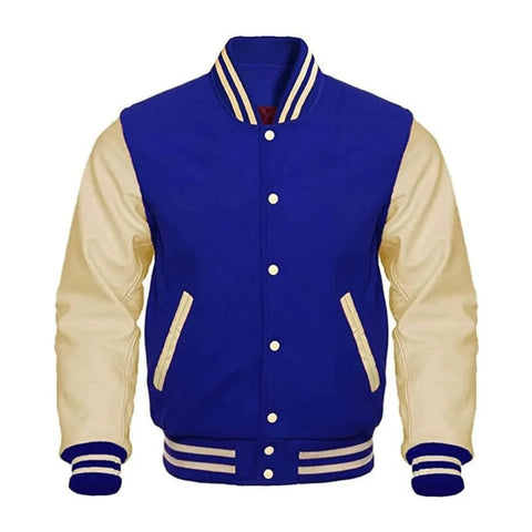 Royal Blue and Cream Varsity Jacket with Wool Body and Leather Sleeves