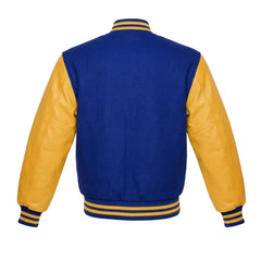 Royal Blue and Gold Varsity Jacket with Wool Body and Leather Sleeves Back Side