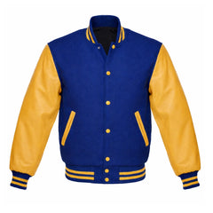 Royal Blue and Gold Varsity Jacket with Wool Body and Leather Sleeves