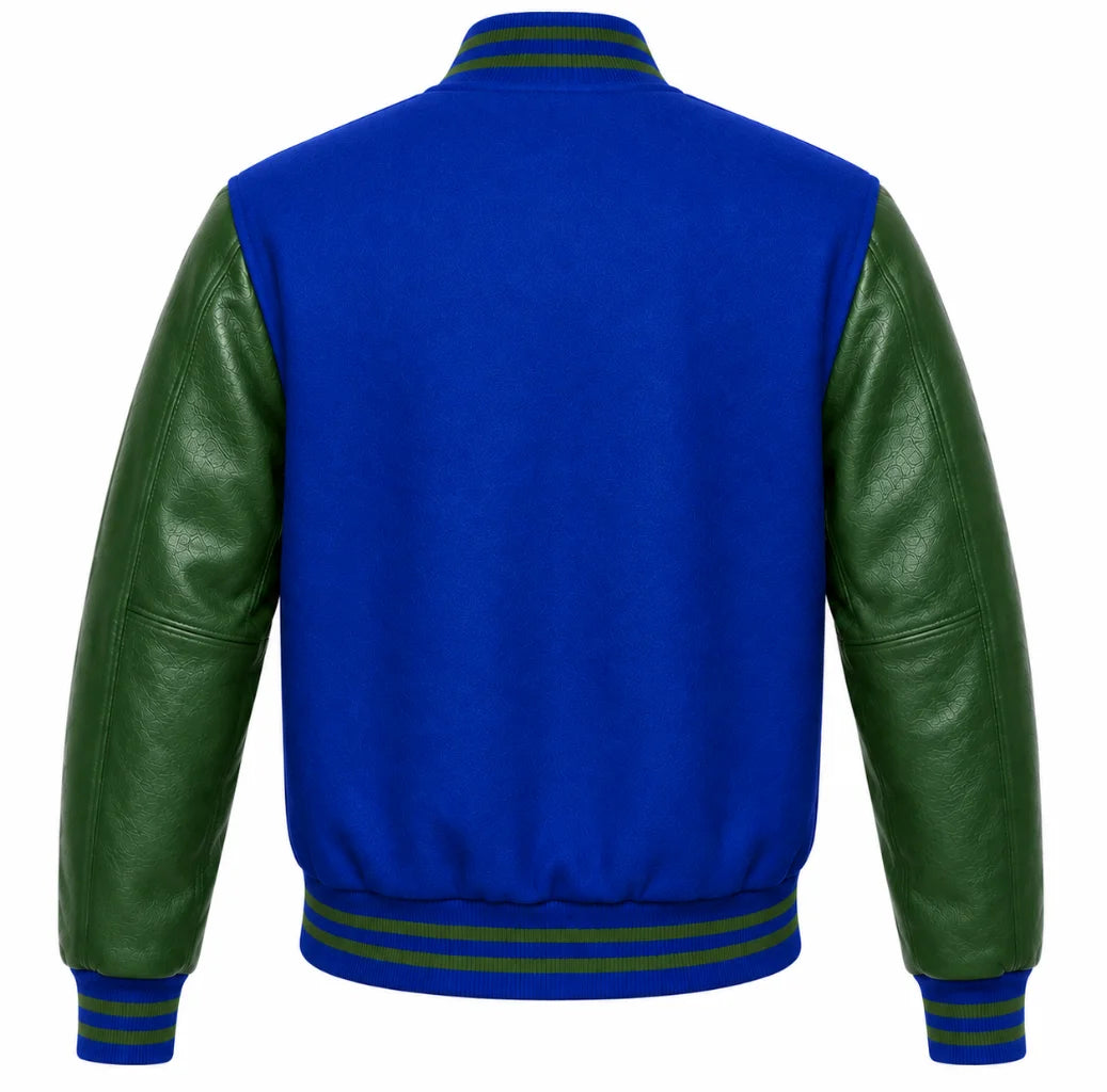 Royal blue wool varsity jacket with green cowhide leather sleeves, back view