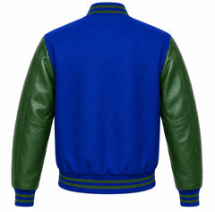 Royal blue wool varsity jacket with green cowhide leather sleeves, back view