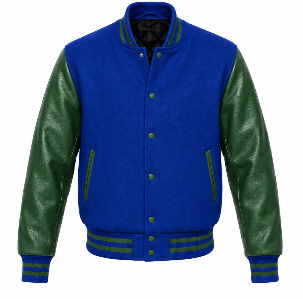 Royal blue melton wool varsity jacket with green leather sleeves, front view