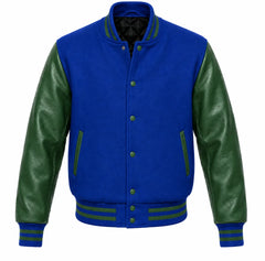 Royal blue melton wool varsity jacket with green leather sleeves, front view