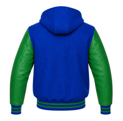 Royal Blue and Green Varsity Jacket with Hood