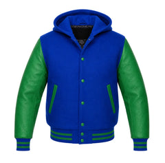 Royal Blue and Green Varsity Jacket with Hood
