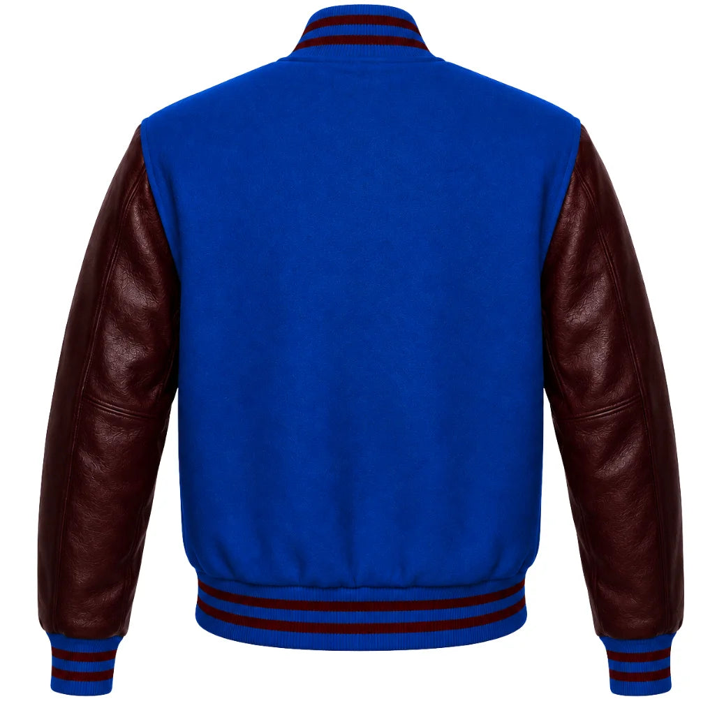 Royal blue wool varsity jacket with maroon leather sleeves, back view