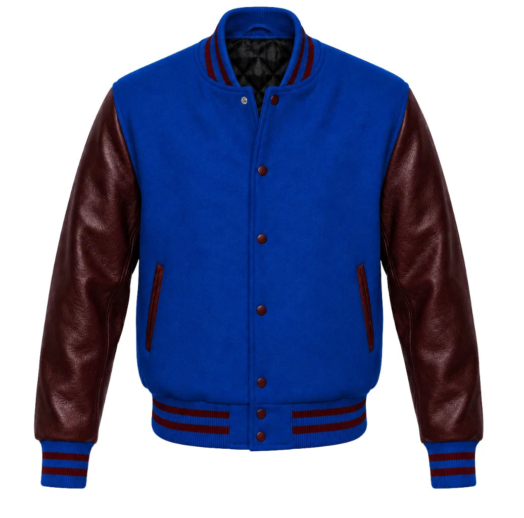 Royal blue melton wool varsity jacket with maroon cowhide leather sleeves, front view