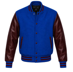 Royal blue melton wool varsity jacket with maroon cowhide leather sleeves, front view