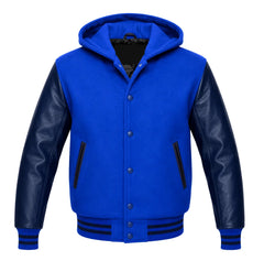 Royal Blue and Navy Blue Varsity Jacket with Hood