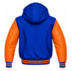 Royal Blue and Orange Hooded Varsity Jacket
