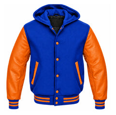 Royal Blue and Orange Hooded Varsity Jacket