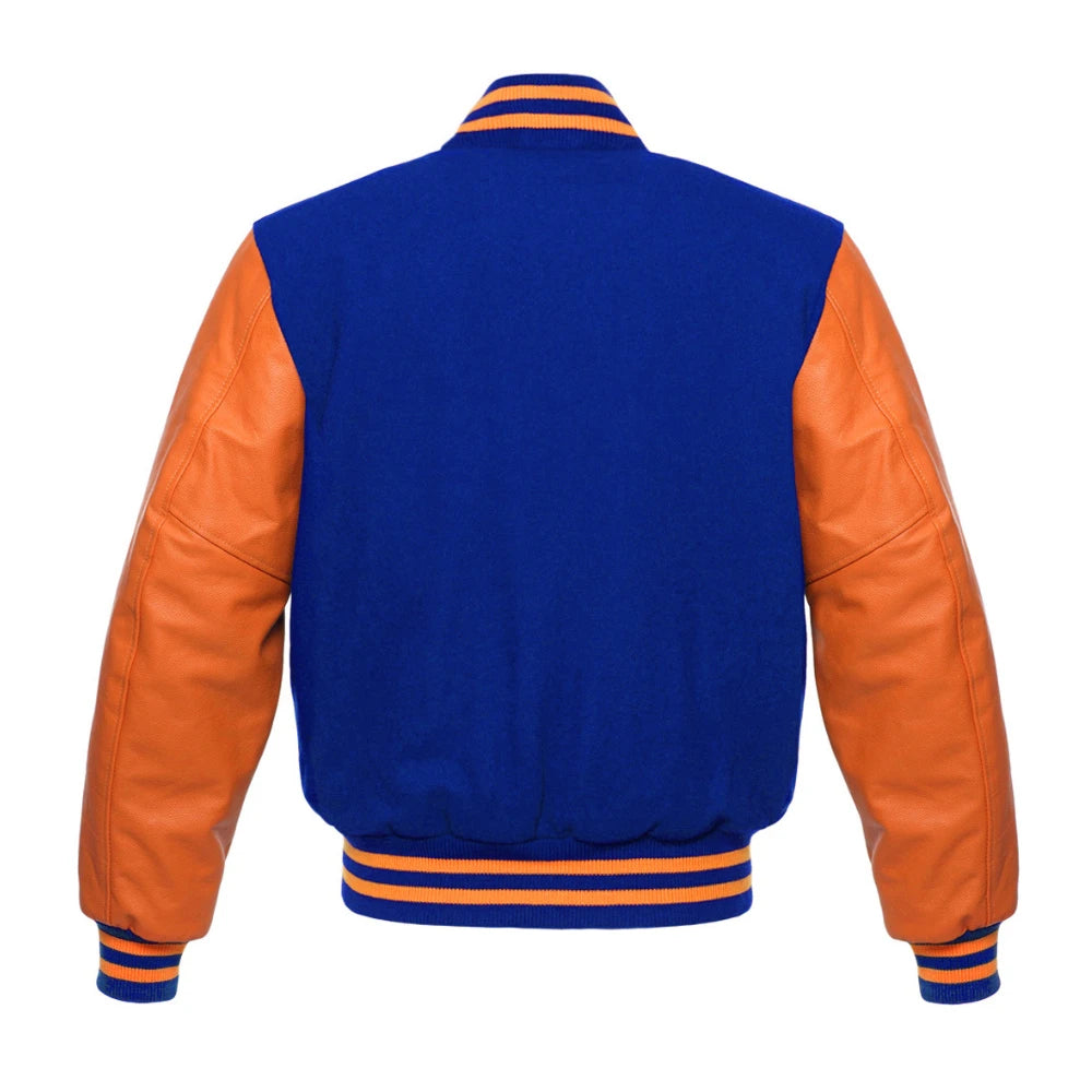 Royal Blue and Orange Varsity Jacket with Wool Body and Leather Sleeves Back Side