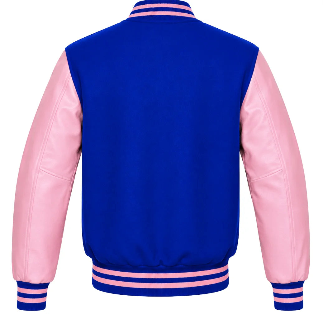 Royal blue wool varsity jacket with pink leather sleeves, back view