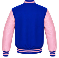 Royal blue wool varsity jacket with pink leather sleeves, back view