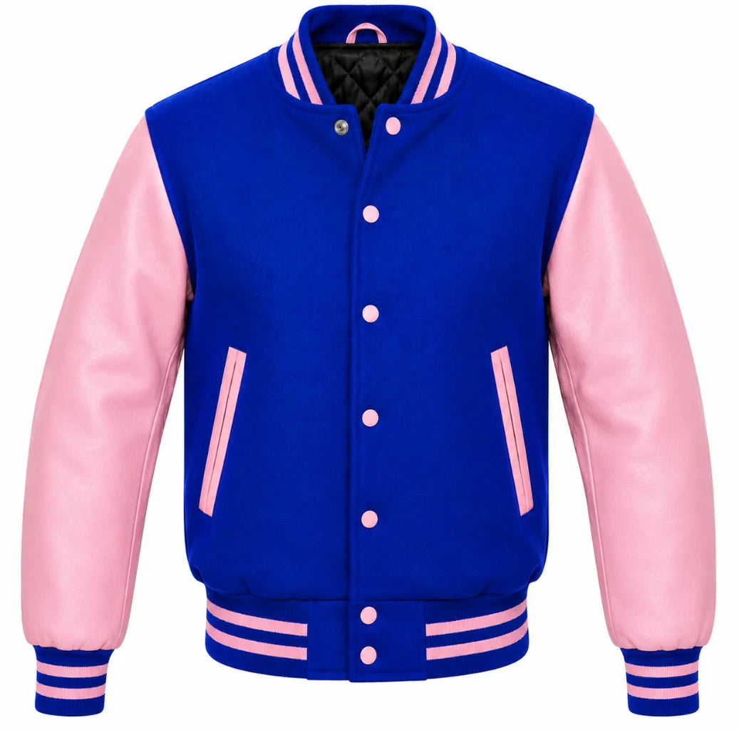 Royal blue melton wool varsity jacket with pink cowhide leather sleeves, front view