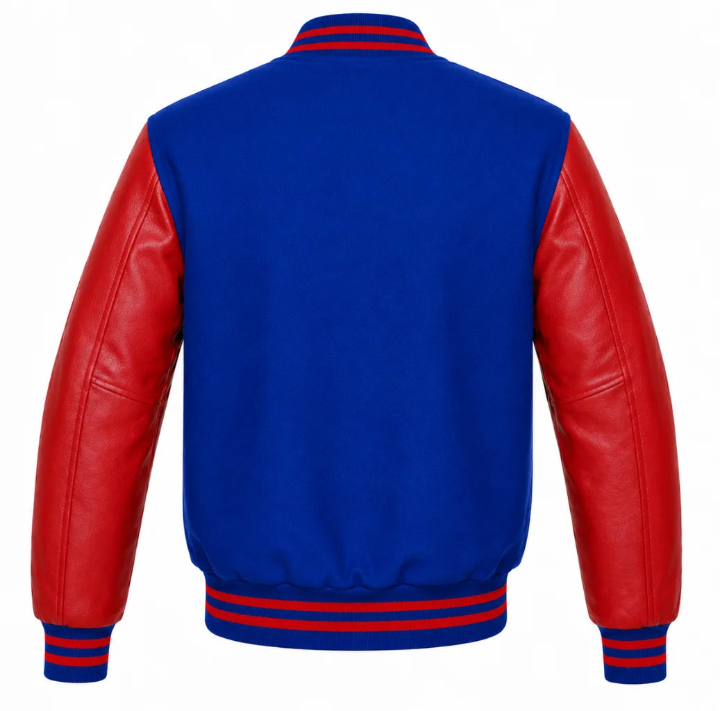 Royal blue wool letterman jacket with red cowhide sleeves, back view