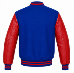Royal blue wool letterman jacket with red cowhide sleeves, back view