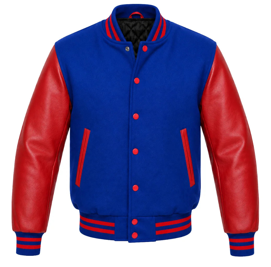 Royal blue melton wool letterman jacket with red leather sleeves, front view