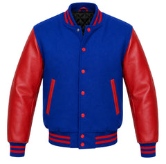 Royal blue melton wool letterman jacket with red leather sleeves, front view