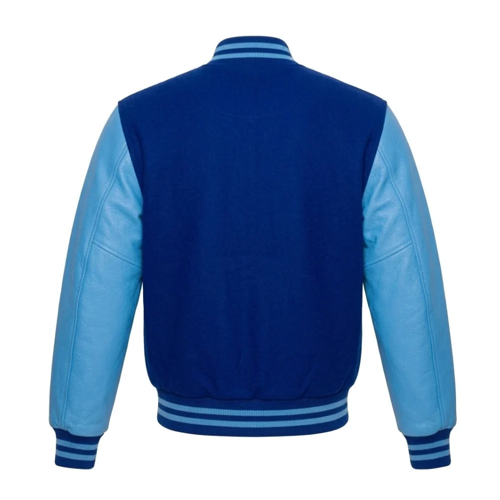 Royal Blue and Sky Blue Varsity Jacket with Wool Body and Leather Sleeves Back Side