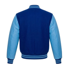 Royal Blue and Sky Blue Varsity Jacket with Wool Body and Leather Sleeves Back Side