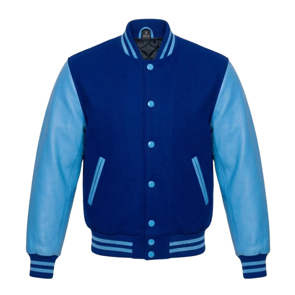 Royal Blue and Sky Blue Varsity Jacket with Wool Body and Leather Sleeves