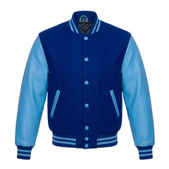 Royal Blue and Sky Blue Varsity Jacket with Wool Body and Leather Sleeves