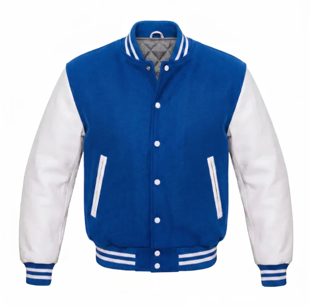 Royal Blue and White Varsity Jacket with Wool Body and Leather Sleeves