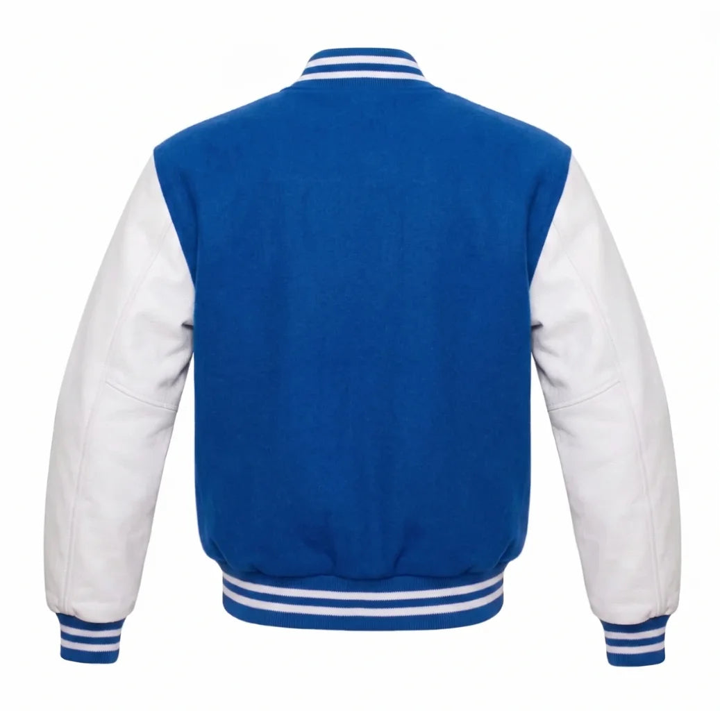 Royal Blue and White Varsity Jacket with Wool Body and Leather Sleeves Back View