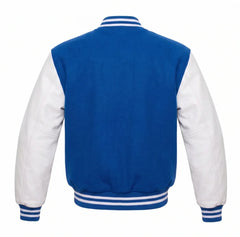 Royal Blue and White Varsity Jacket with Wool Body and Leather Sleeves Back View