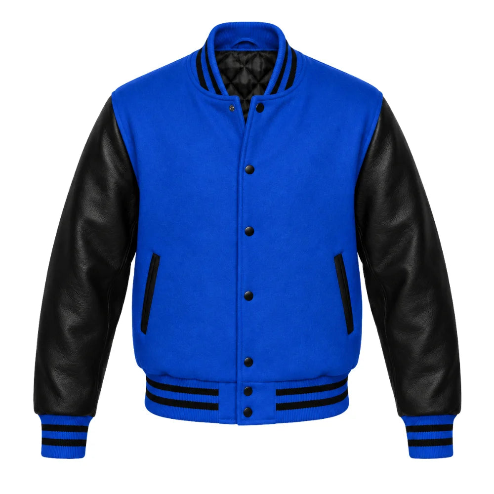 Royal Blue and Black Varsity Jacket with Wool Body and Leather Sleeves