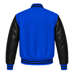 Royal Blue and Black Varsity Jacket with Wool Body and Leather Sleeves Back View