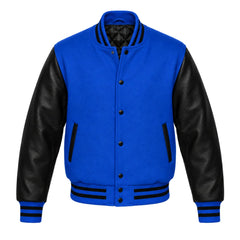 Royal Blue and Black Varsity Jacket with Wool Body and Leather Sleeves