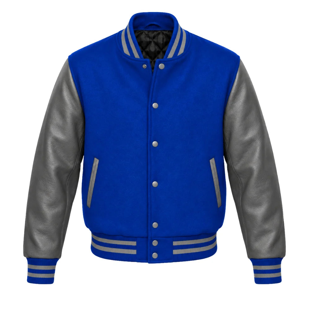 Royal Blue and Grey Varsity Jacket with Wool Body and Leather Sleeves