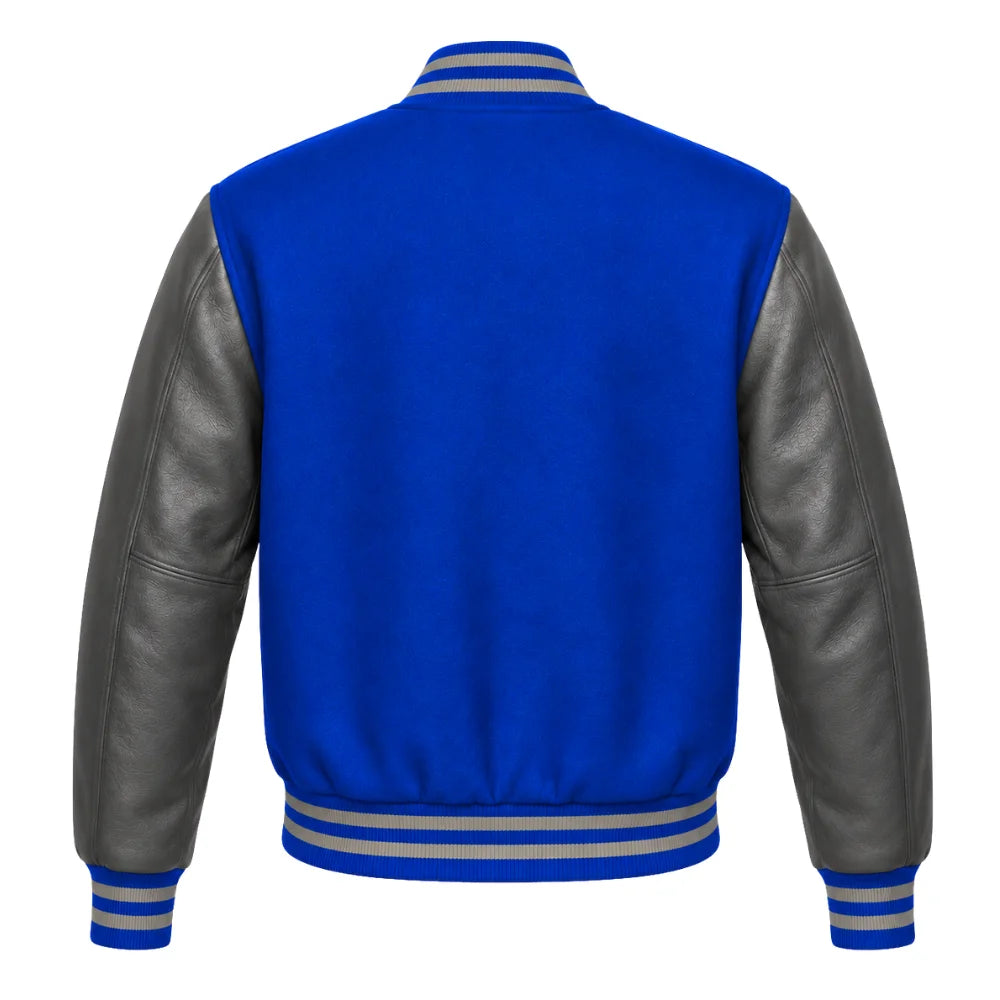 Royal Blue and Grey Varsity Jacket with Wool Body and Leather Sleeves Back Side