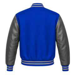 Royal Blue and Grey Varsity Jacket with Wool Body and Leather Sleeves Back Side