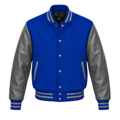 Royal Blue and Grey Varsity Jacket with Wool Body and Leather Sleeves