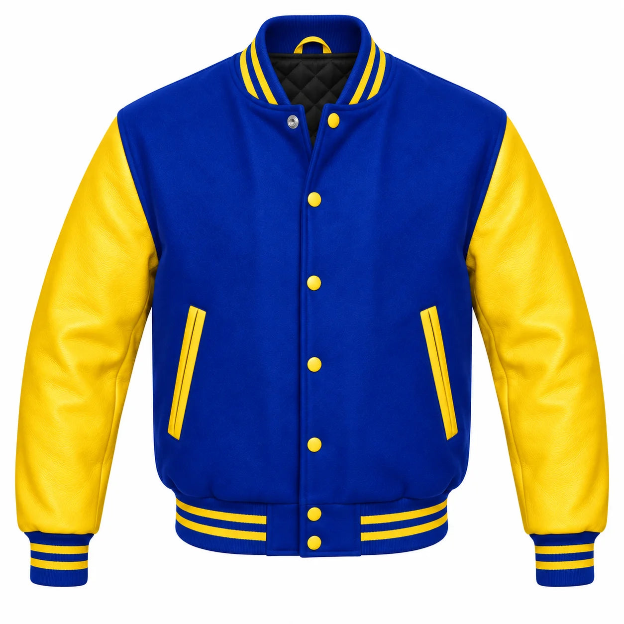 Royal Blue and Yellow Varsity Jacket with Wool Body and Leather Sleeves