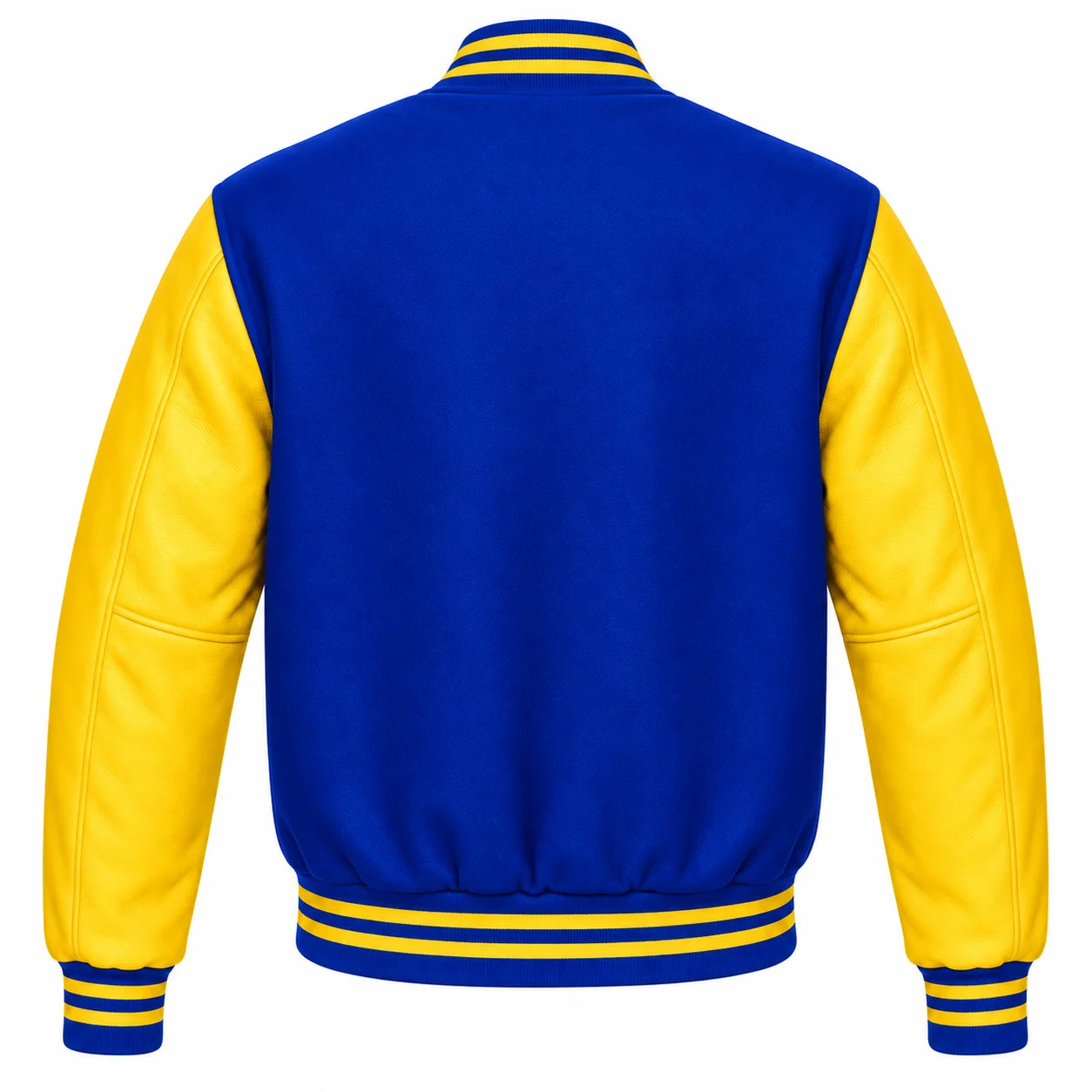 Royal Blue and Yellow Varsity Jacket with Wool Body and Leather Sleeves Back View