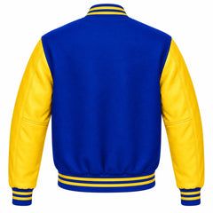 Royal Blue and Yellow Varsity Jacket with Wool Body and Leather Sleeves Back View