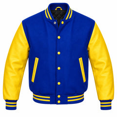 Royal Blue and Yellow Varsity Jacket with Wool Body and Leather Sleeves