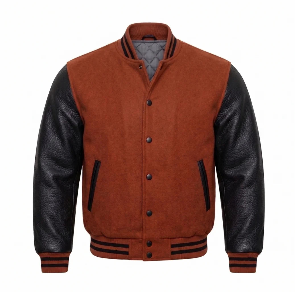 Rust and Black Varsity Jacket with Wool Body and Leather Sleeves